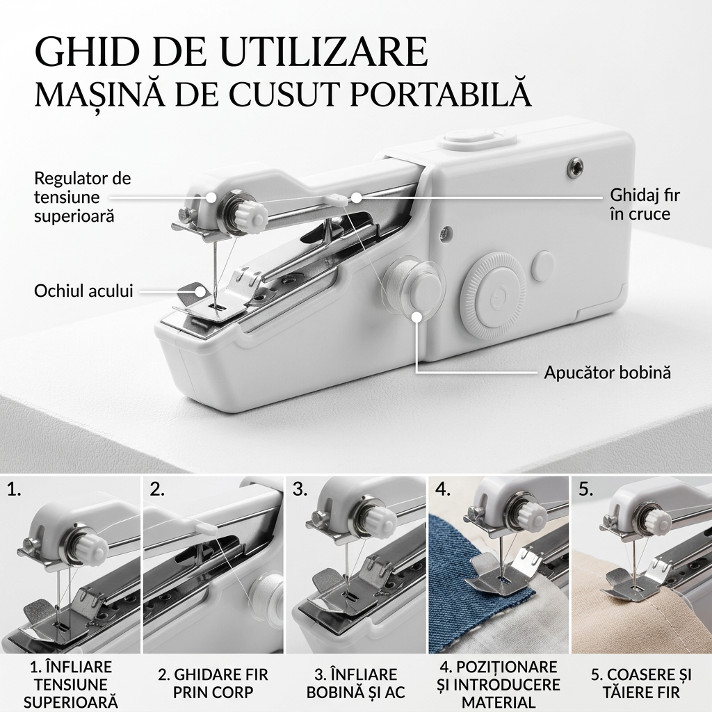 PROMO 1+1 Mini Masina de Cusut Portabila | Reparatii Rapide Textile | Fara Fir | Unealta Cusut Compacta