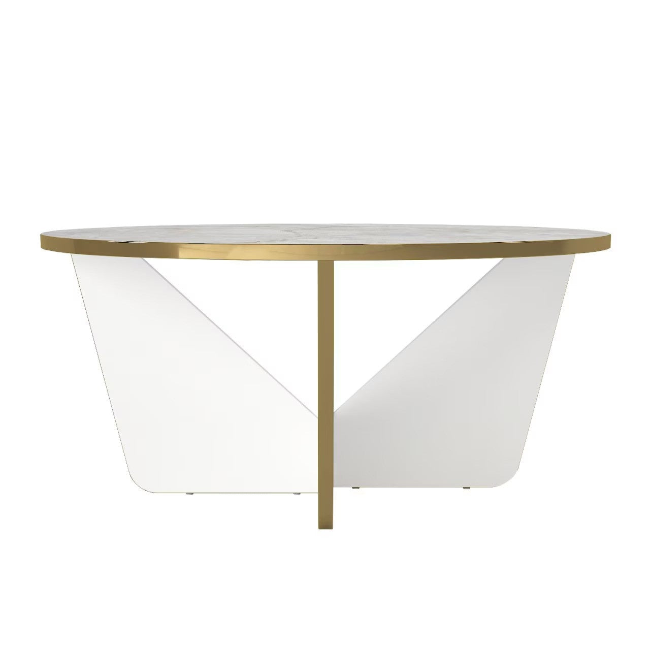 Masuta de Cafea Rotunda cu Blat Aspect Marmura | Baza Geometrica Alb-Auriu | 75x75x35 cm