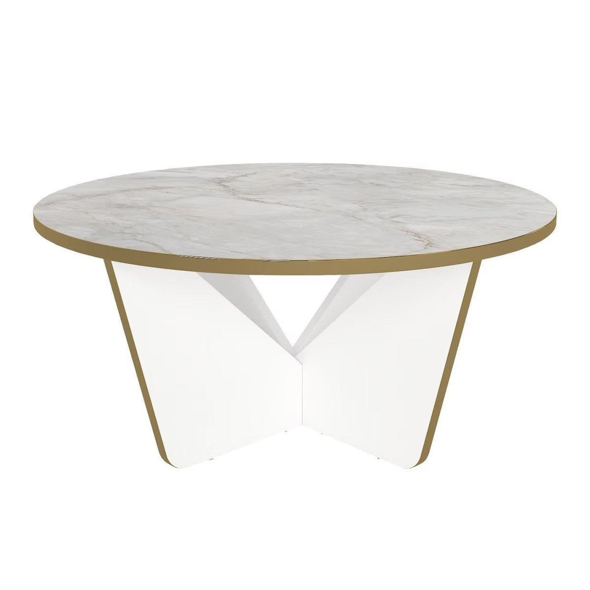 Masuta de Cafea Rotunda cu Blat Aspect Marmura | Baza Geometrica Alb-Auriu | 75x75x35 cm