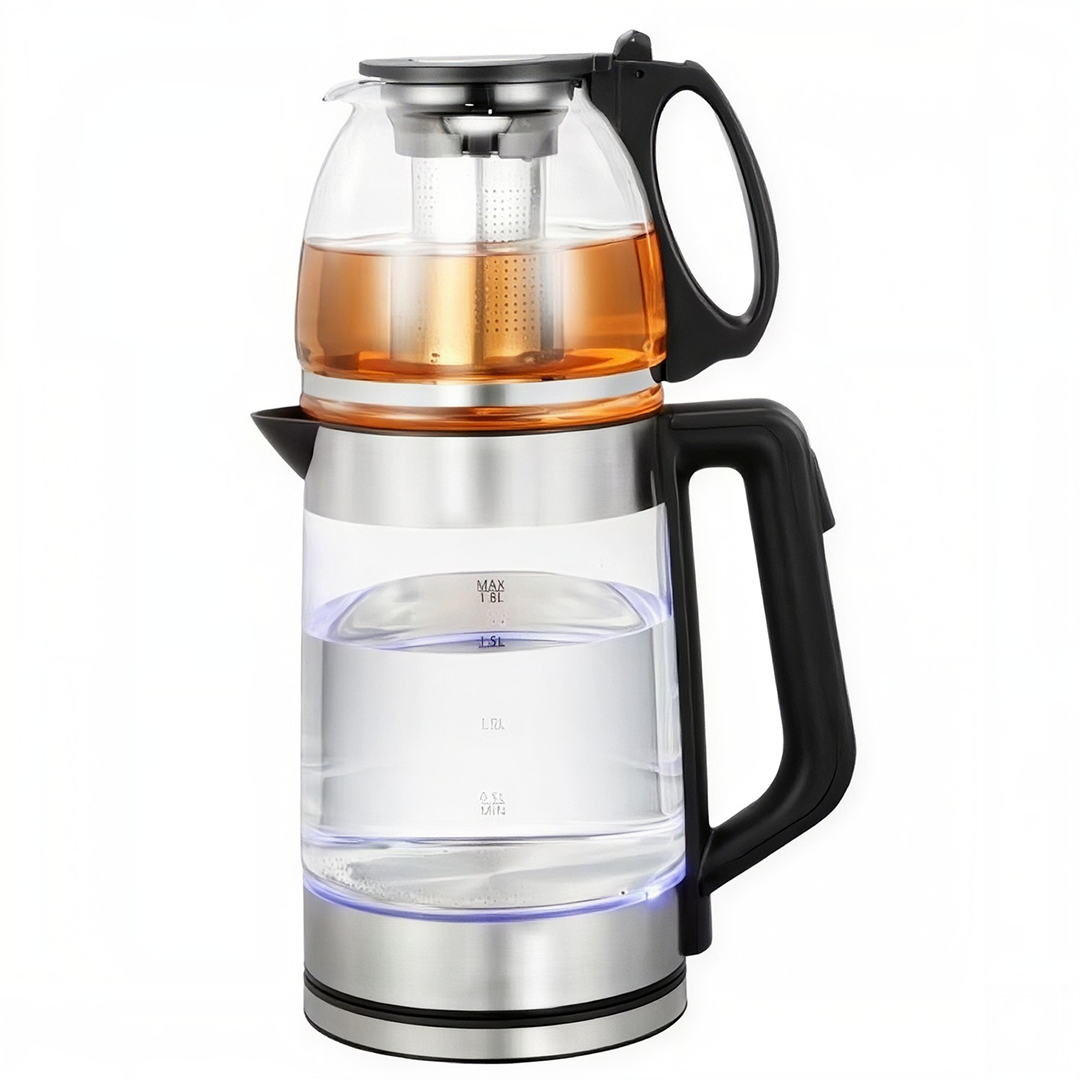 Stație de Ceai 2 în 1: Fierbător Electric 2,2 L și Ceainic de Sticlă 0,8 L cu Infuzor Inox