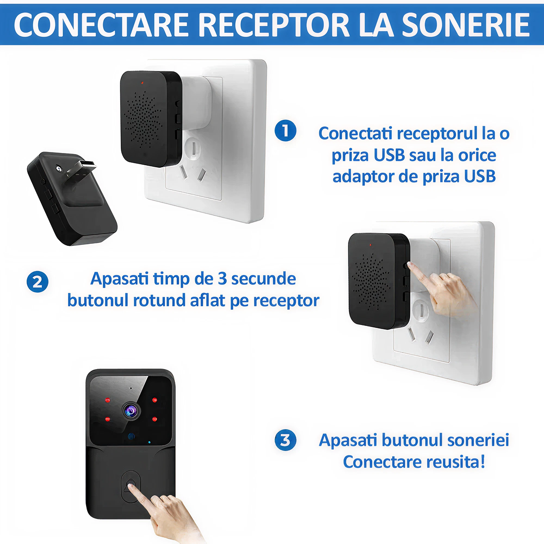 Sonerie Video Wireless 1080P | Control Prin Aplicatie | Viziune Nocturna HD | WiFi 2.4GHz | Neagra