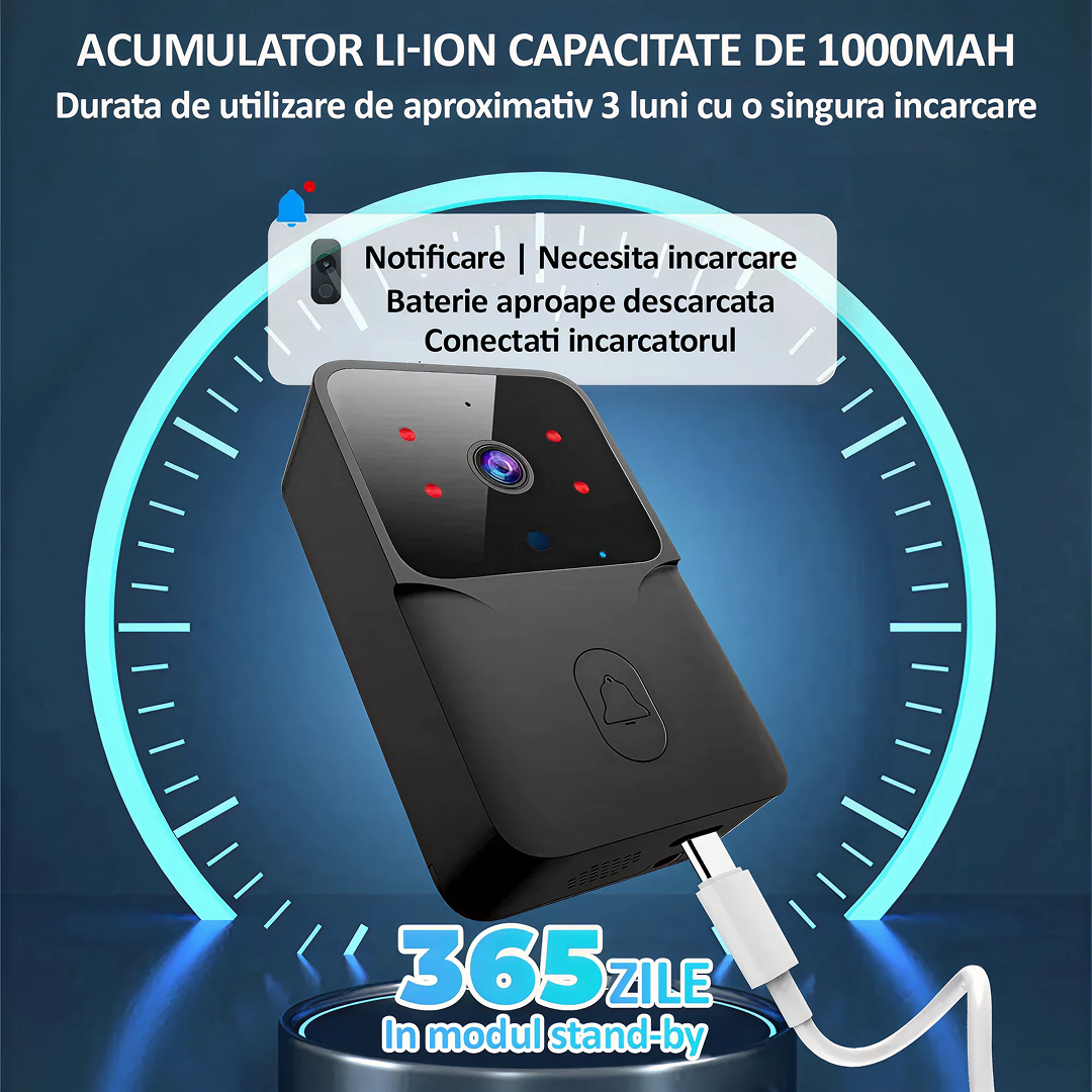 Sonerie Video Wireless 1080P | Control Prin Aplicatie | Viziune Nocturna HD | WiFi 2.4GHz | Neagra