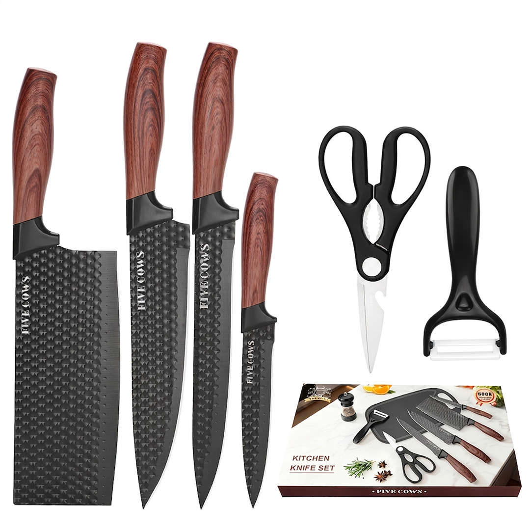Set 6 Piese Cutite de Bucatarie | 4 Cutite Inox + Foarfeca + Decojitor Ceramic | Manere Ergonomice