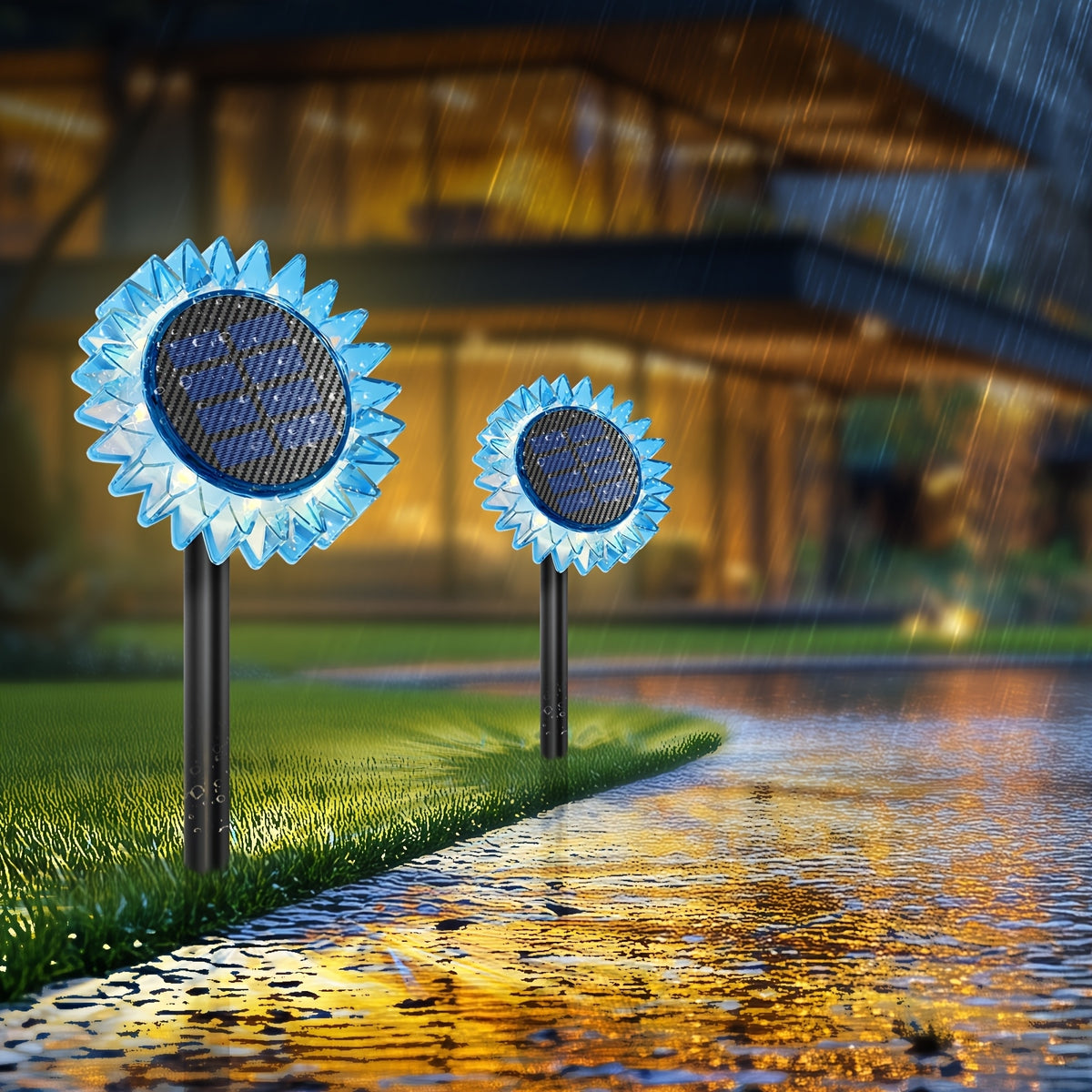 Set 3 Lămpi Solare Decorative Floarea-Soarelui, Galben, Albastru și Roz, LED Alb Cald