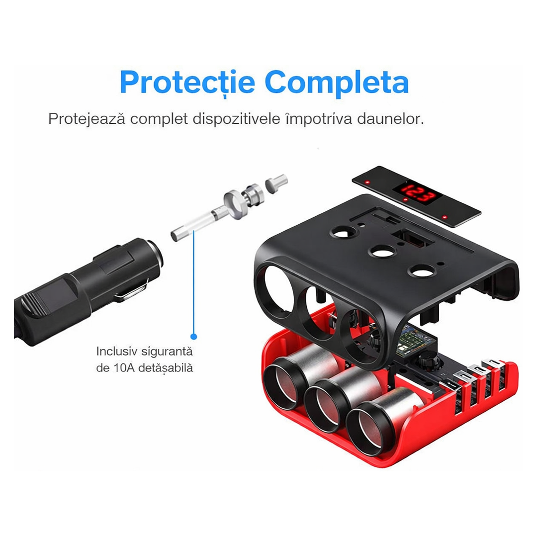 Adaptor Bricheta Auto 7 In 1 | 12V / 24V | 4 Porturi USB | 3 Prize | Display LED | Comutatoare On/Off