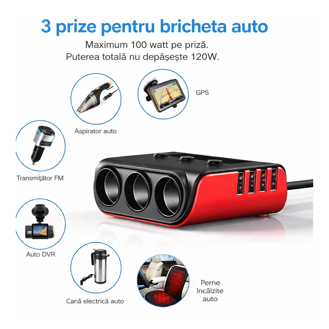 Adaptor Bricheta Auto 7 In 1 | 12V / 24V | 4 Porturi USB | 3 Prize | Display LED | Comutatoare On/Off