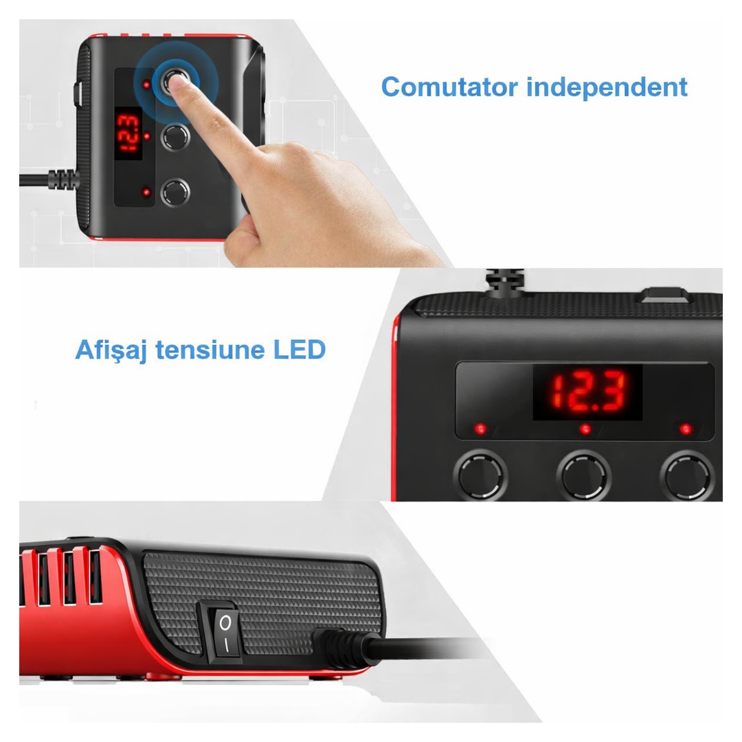Adaptor Bricheta Auto 7 In 1 | 12V / 24V | 4 Porturi USB | 3 Prize | Display LED | Comutatoare On/Off