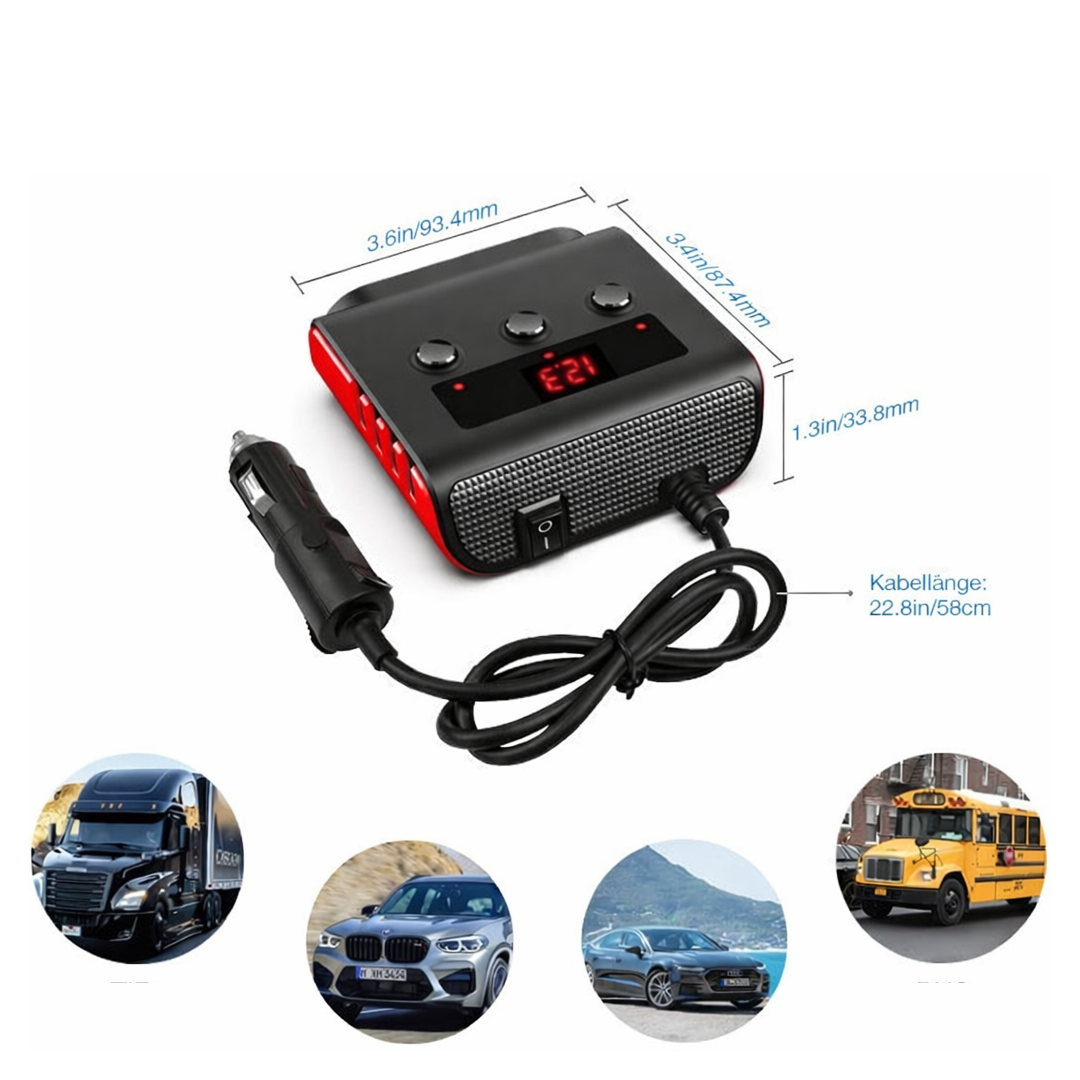 Adaptor Bricheta Auto 7 In 1 | 12V / 24V | 4 Porturi USB | 3 Prize | Display LED | Comutatoare On/Off