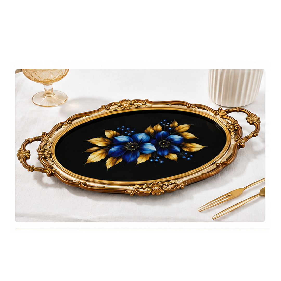 Tava Decorativa din Sticla cu Manere | 47 x 29.5 cm | Rama din Lemn | Design Elegant