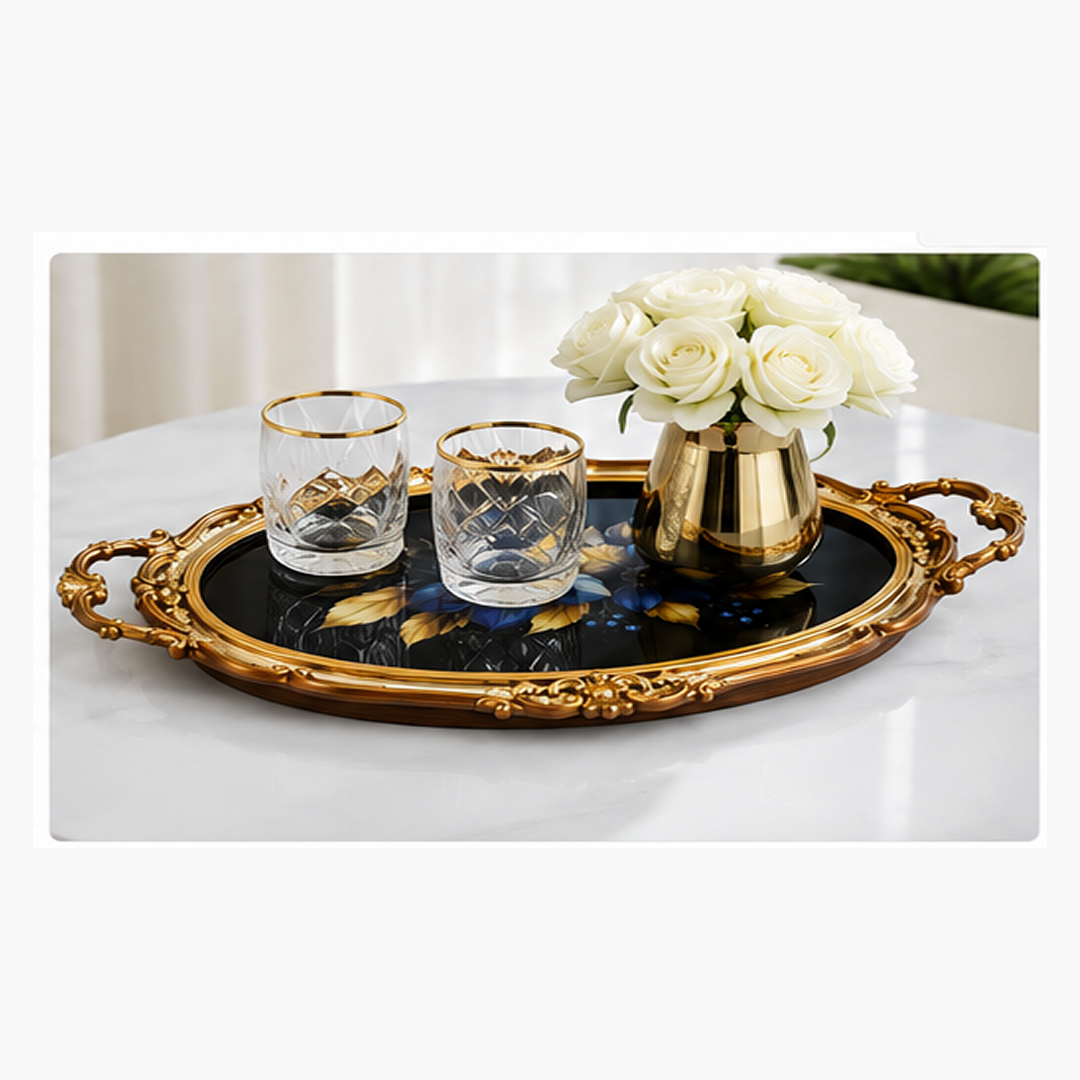 Tava Decorativa din Sticla cu Manere | 47 x 29.5 cm | Rama din Lemn | Design Elegant