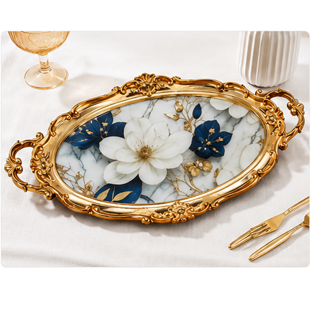 Tava Decorativa din Sticla cu Manere | 47 x 29.5 cm | Rama din Lemn | Design Elegant
