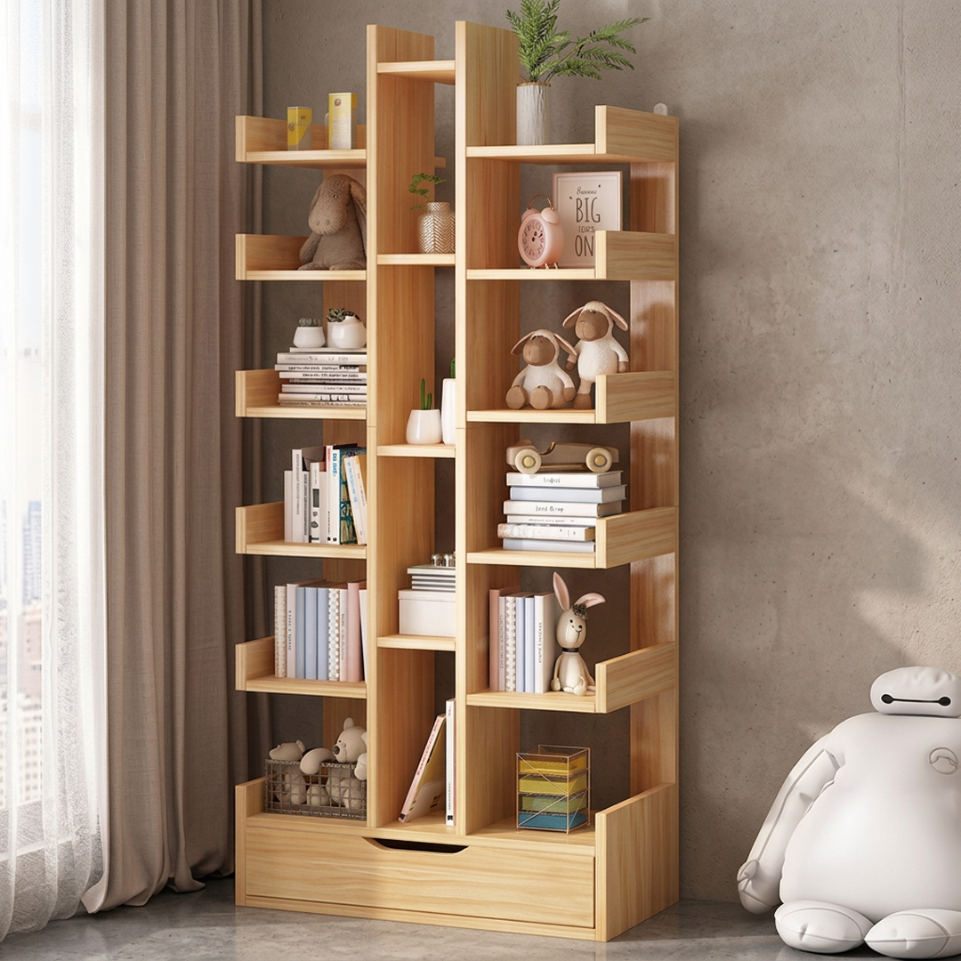 Biblioteca Verticala Tip Copac cu 18 Rafturi | Sertar pentru Depozitare | MDF | 51x18x168 cm