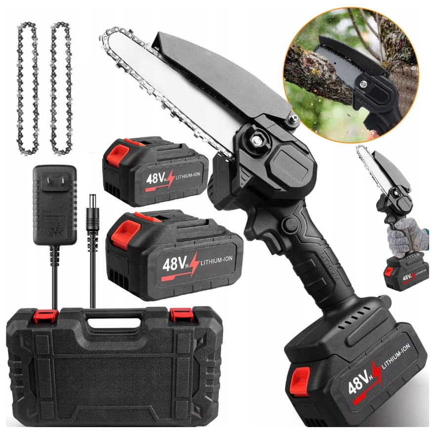 Mini Drujbă cu Acumulator 48V, Lamă 20 cm, 2 Acumulatori, 2 Lanțuri, LED și Valiză