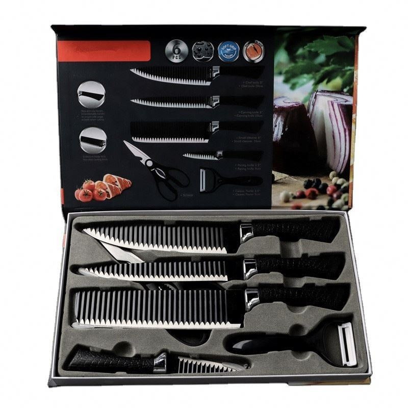 Set 6 Piese Ustensile Bucatarie | 4 Cutite + Foarfeca + Decojitor | Lame Otel Inoxidabil | Manere Antialunecare