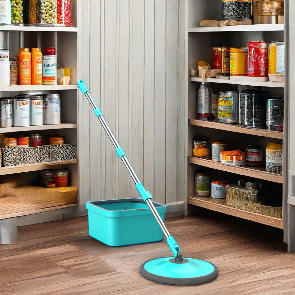 Set Mop Rotativ cu Găleată 6 L și Centrifugă, Mâner Reglabil și 2 Rezerve, Turcoaz