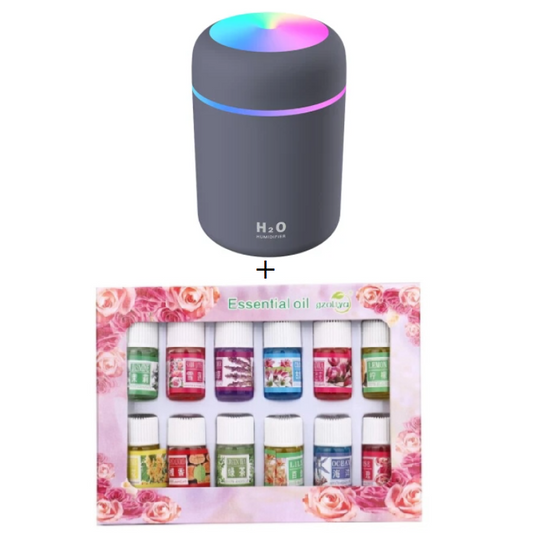 PROMO - Umidificator si Difuzor Aromaterapie cu ultrasunete, capacitate 300ML, LED 7 culori + Set 12 uleiuri esential, 3 ml, de fructe si flori, parfum Purificator si Umidificator si SPA