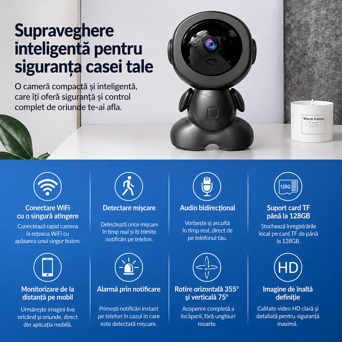 Cameră WiFi de Interior tip Robot, Rotire Panoramică, Audio Bidirecțional, Multi-Utilizator