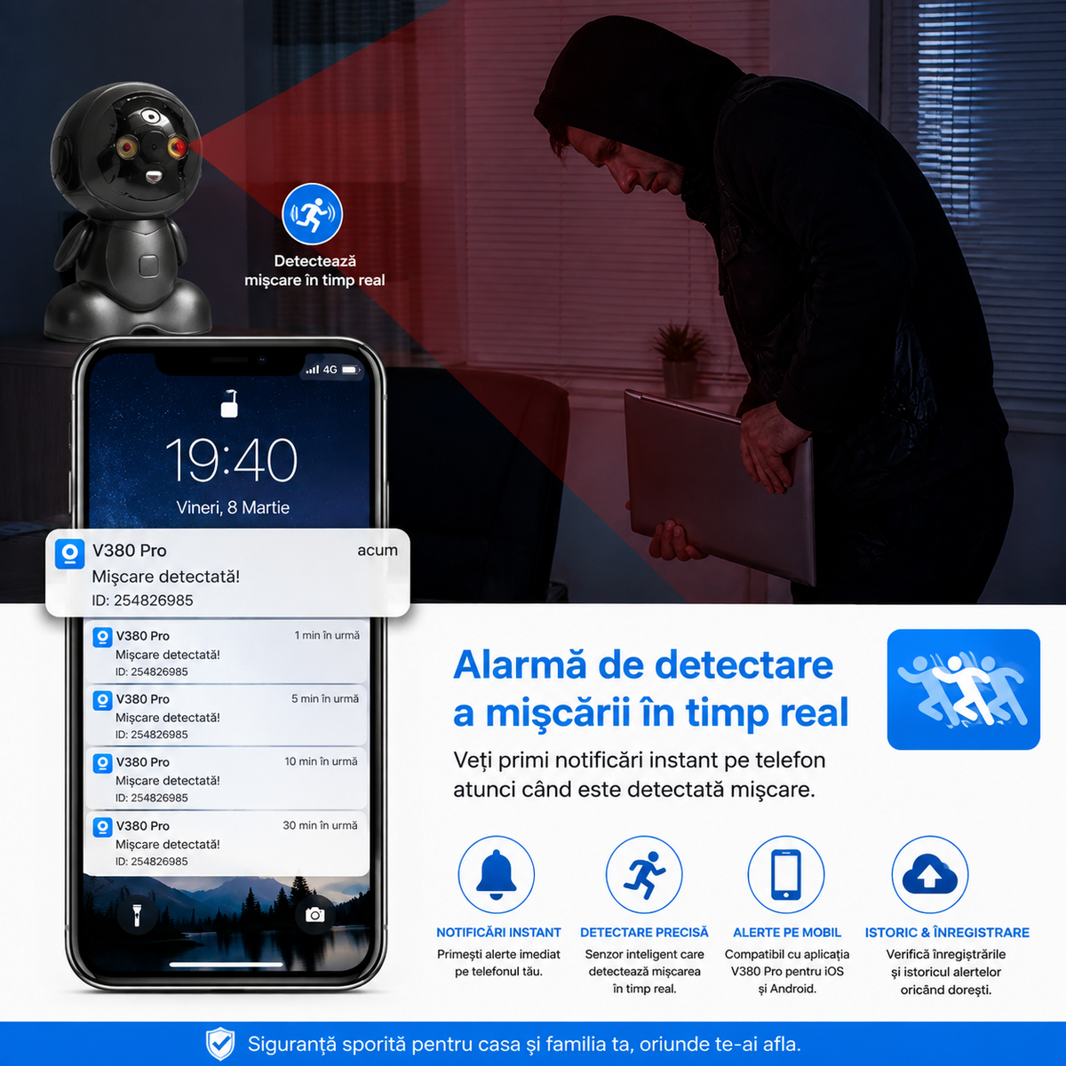 Cameră WiFi de Interior tip Robot, Rotire Panoramică, Audio Bidirecțional, Multi-Utilizator