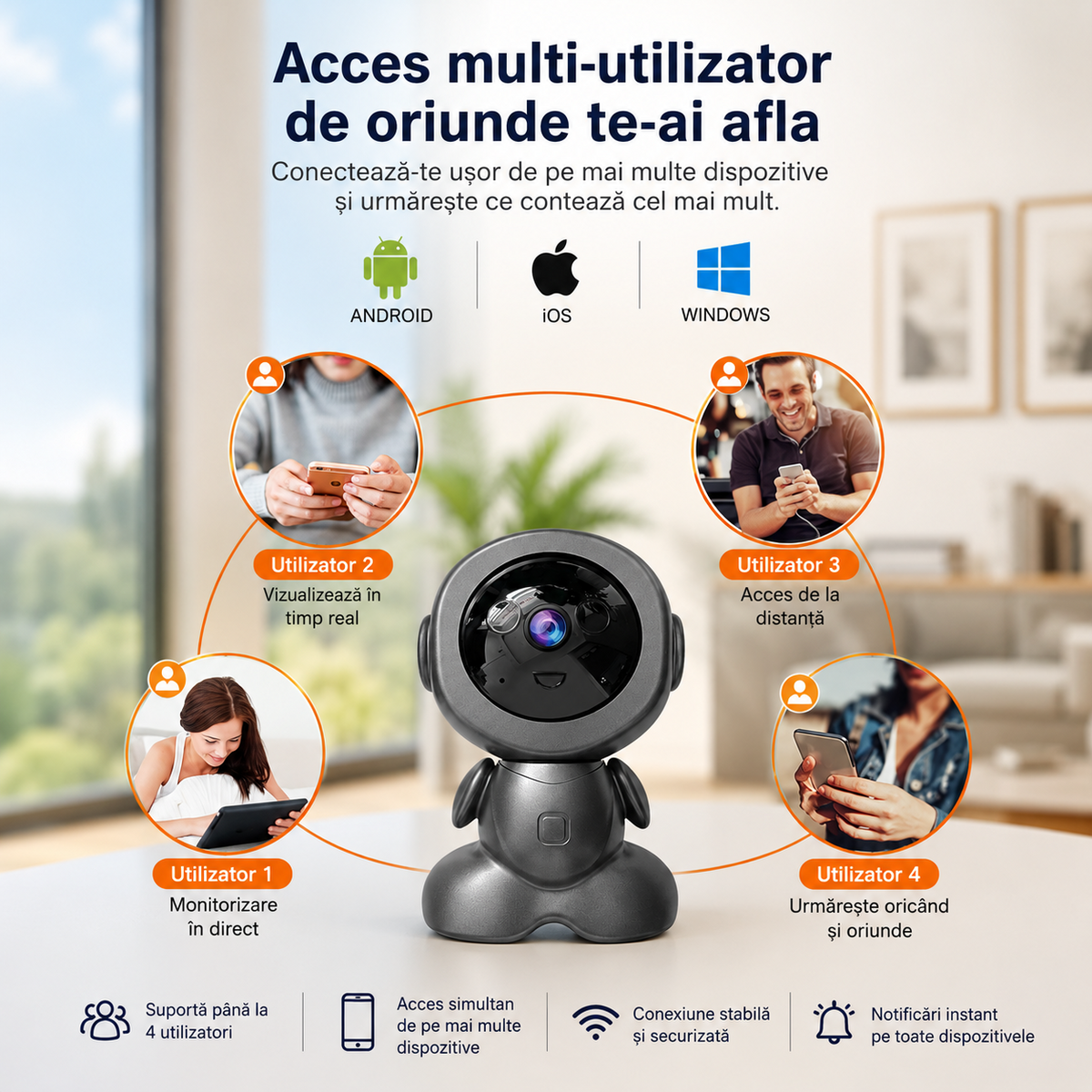 Cameră WiFi de Interior tip Robot, Rotire Panoramică, Audio Bidirecțional, Multi-Utilizator