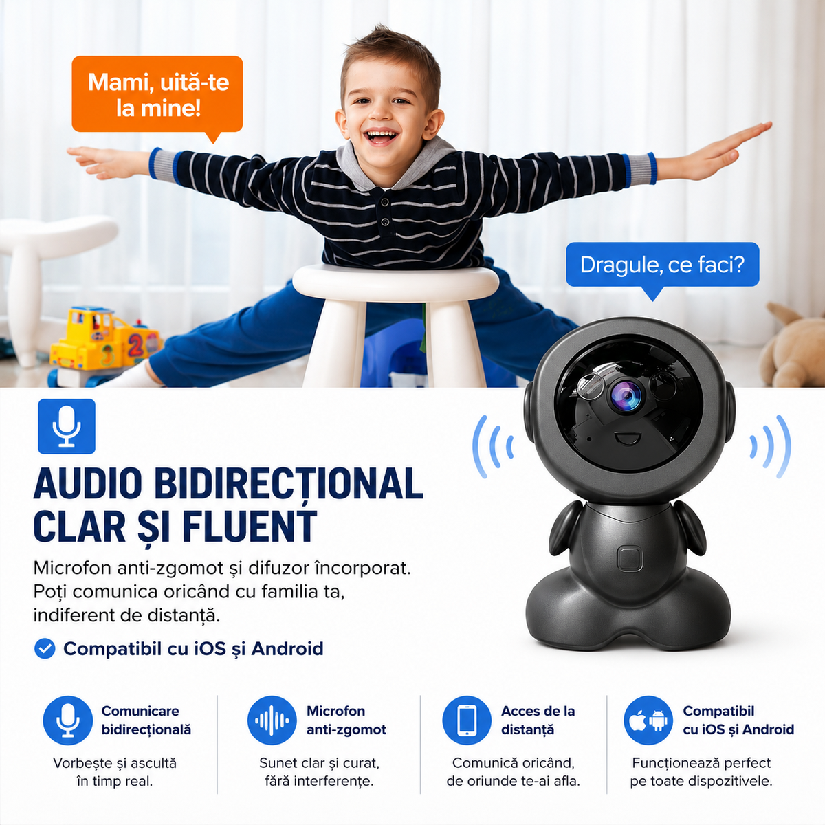 Cameră WiFi de Interior tip Robot, Rotire Panoramică, Audio Bidirecțional, Multi-Utilizator