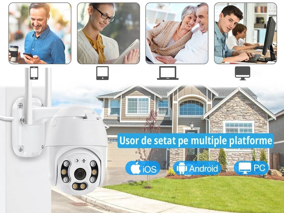 Cameră de Supraveghere PTZ WiFi 2MP cu Iluminare LED Automată, IR, Audio și Detecție Umană