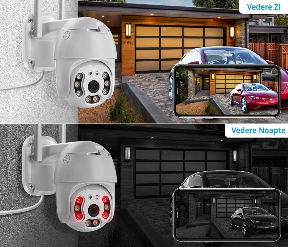 Cameră de Supraveghere PTZ WiFi 2MP cu Iluminare LED Automată, IR, Audio și Detecție Umană