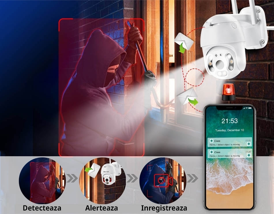 Cameră de Supraveghere PTZ WiFi 2MP cu Iluminare LED Automată, IR, Audio și Detecție Umană
