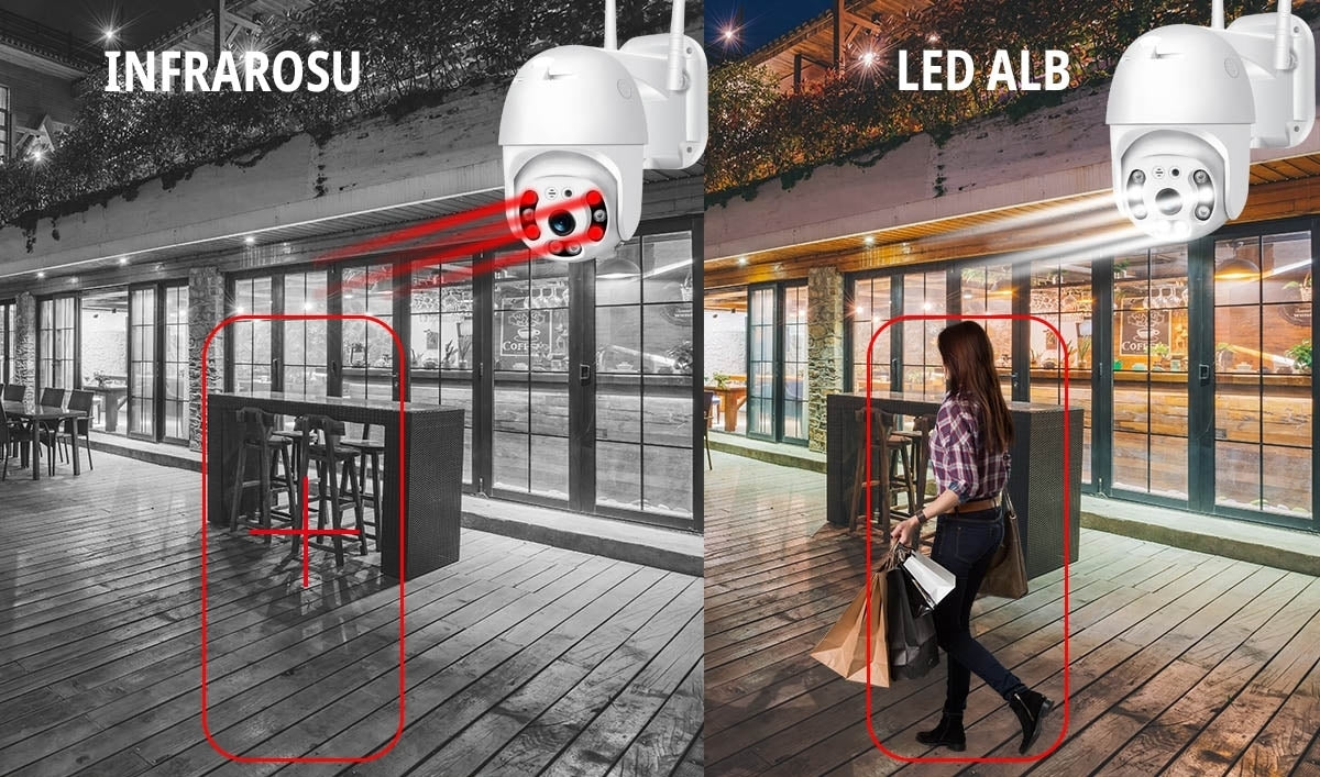 Cameră de Supraveghere PTZ WiFi 2MP cu Iluminare LED Automată, IR, Audio și Detecție Umană