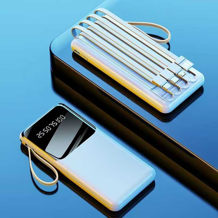 Baterie externă 6000mAh cu 4 cabluri integrate USB, micro USB, USB Type-C și iPhone.