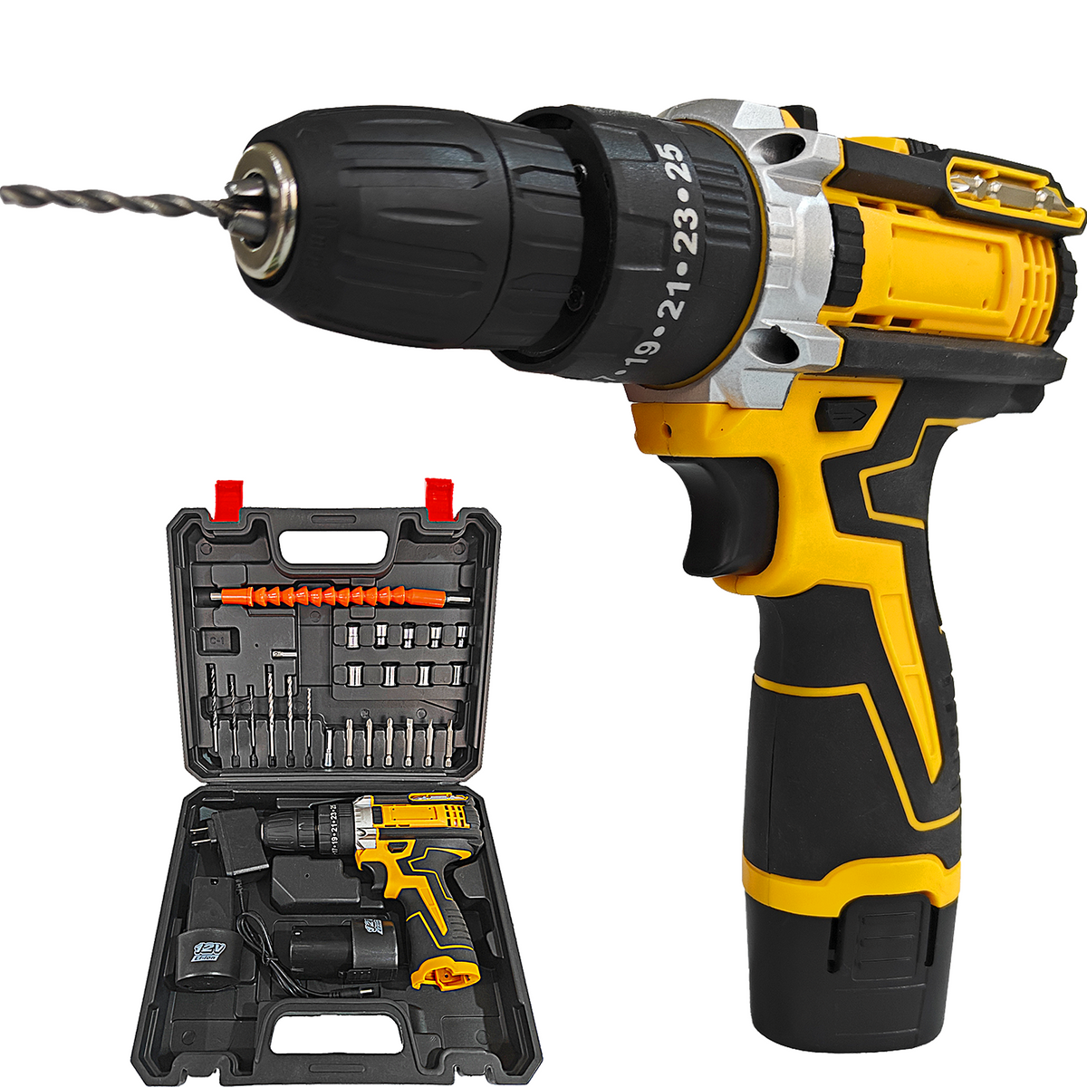 Mașină de Găurit și Înșurubat cu Acumulator 48V, Mandrină 10 mm, 2 Viteze, Accesorii și Valiză