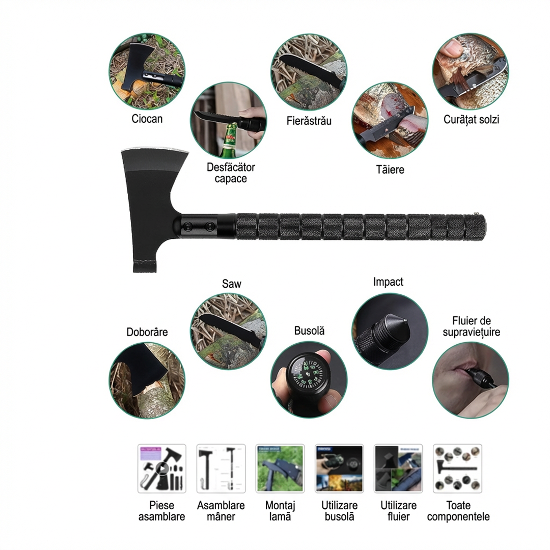 Topor Multifunctional 8 In 1 | Metalic | Maner Demontabil | Camping & Supravietuire | Negru