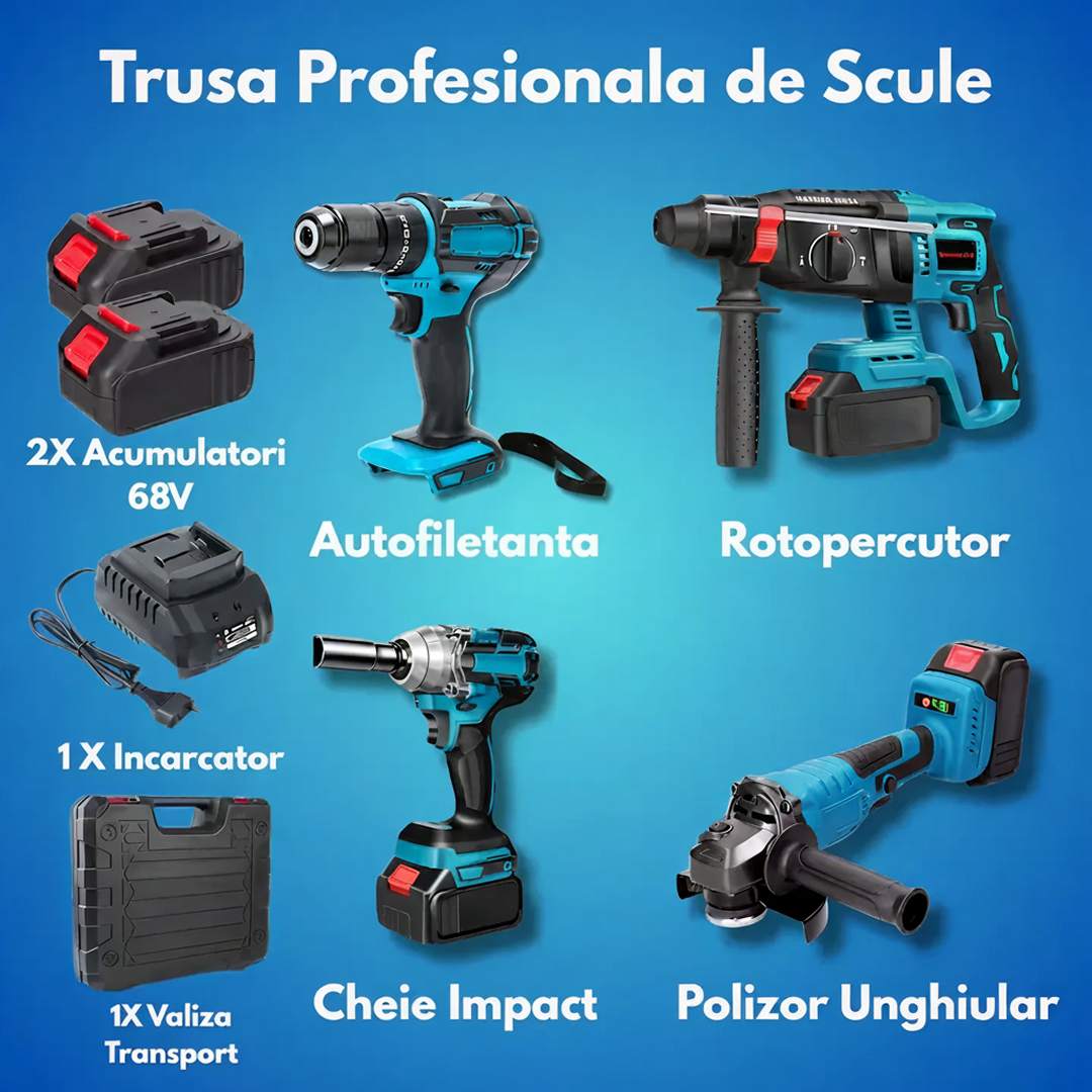 Trusa Scule 4 In 1 Cu 2 Acumulatori 68V | Bormasina, Impact, Ciocan Rotopercutor, Polizor Unghiular | Cu Incarcator Si Valiza Transport