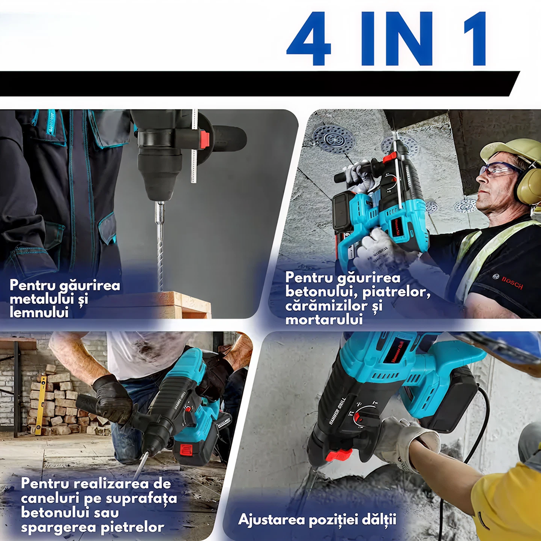 Trusa Scule 4 In 1 Cu 2 Acumulatori 68V | Bormasina, Impact, Ciocan Rotopercutor, Polizor Unghiular | Cu Incarcator Si Valiza Transport