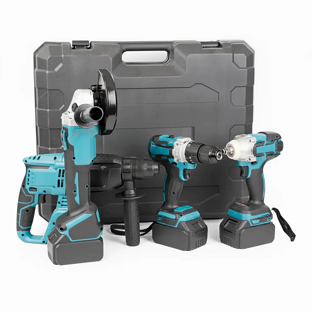 Trusa Scule 4 In 1 Cu Lanterna pe Acumulatori | 3 Acumulatori 128V | Polizor, Bormasina, Rotopercutor, Impact | Cu Incarcator Si Accesorii