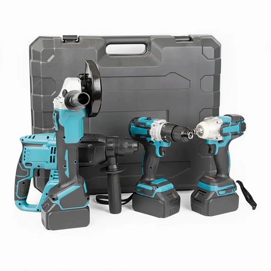 Trusa Scule 4 In 1 Cu Lanterna pe Acumulatori | 3 Acumulatori 128V | Polizor, Bormasina, Rotopercutor, Impact | Cu Incarcator Si Accesorii