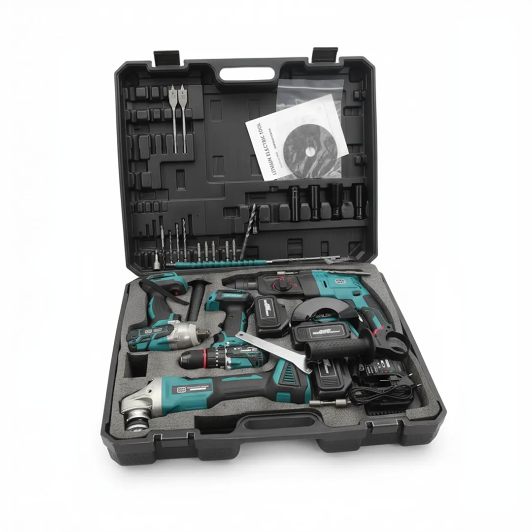 Trusa Scule 4 In 1 Cu Lanterna pe Acumulatori | 3 Acumulatori 128V | Polizor, Bormasina, Rotopercutor, Impact | Cu Incarcator Si Accesorii