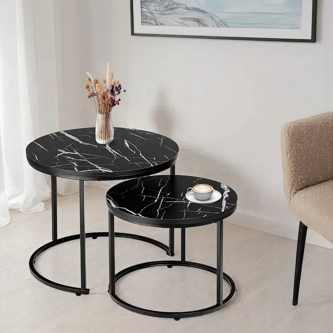 Set 2 Mese Rotunde Living | 53x45 cm si 43x35 cm | Model Marmura | Cadru Metalic | Stil Loft