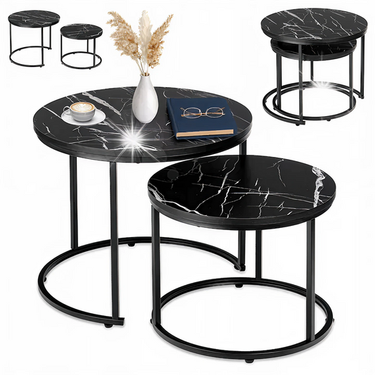 Set 2 Mese Rotunde Living | 53x45 cm si 43x35 cm | Model Marmura | Cadru Metalic | Stil Loft