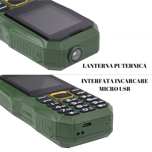 Telefon Militar Dual SIM | Carcasa Antisoc | Baterie 5800 mAh | Lanterna Puternica | Radio FM | 2G