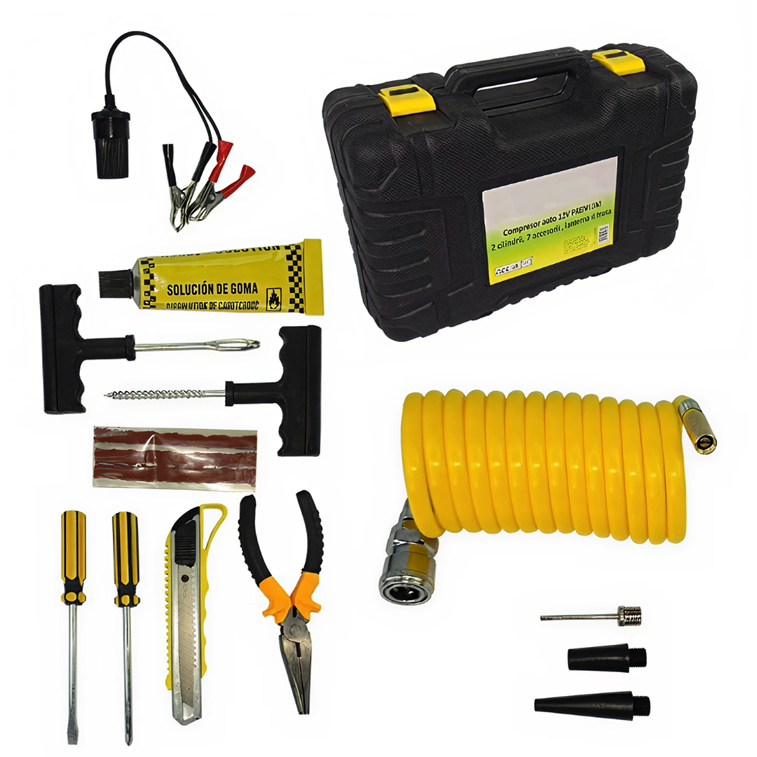 Compresor Auto 12V Cu 2 Cilindri | Debit 70L/Min | Presiune 150 PSI | Kit Reparatie Pana | Valiza Transport