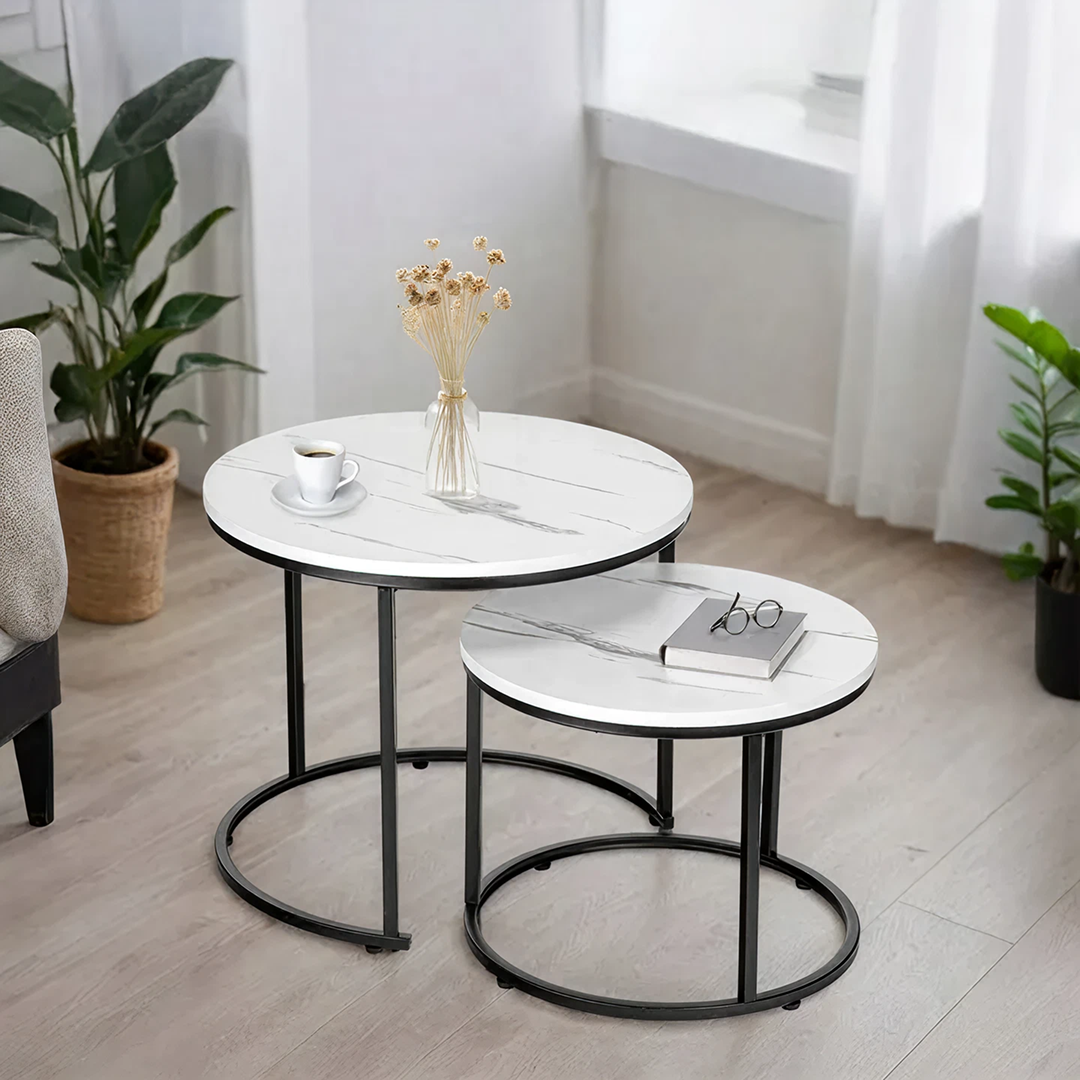 Set 2 Mese Rotunde Living | 53x45 cm si 43x35 cm | Model Marmura | Cadru Metalic | Stil Loft