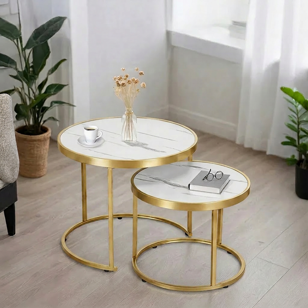 Set 2 Mese Rotunde Living | 70x54 cm si 50x38 cm | Model Marmura | Cadru Metalic | Stil Loft