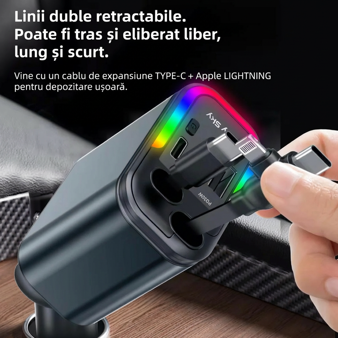 Incarcator Auto 4 in 1 120W | USB-C Fast Charging | Cablu Lightning + USB-C + Micro USB | LED Ambient | Rotire 180°