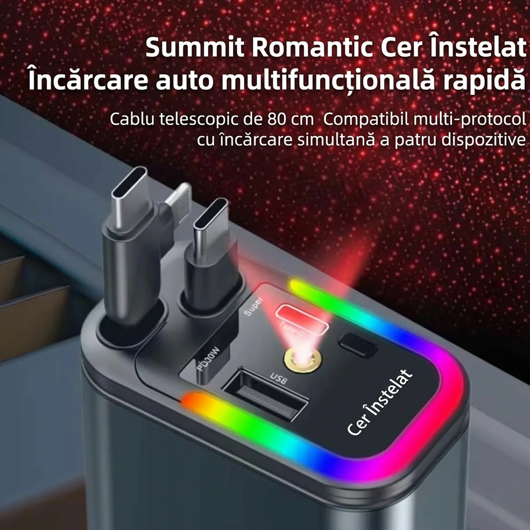 Incarcator Auto 4 in 1 120W | USB-C Fast Charging | Cablu Lightning + USB-C + Micro USB | LED Ambient | Rotire 180°