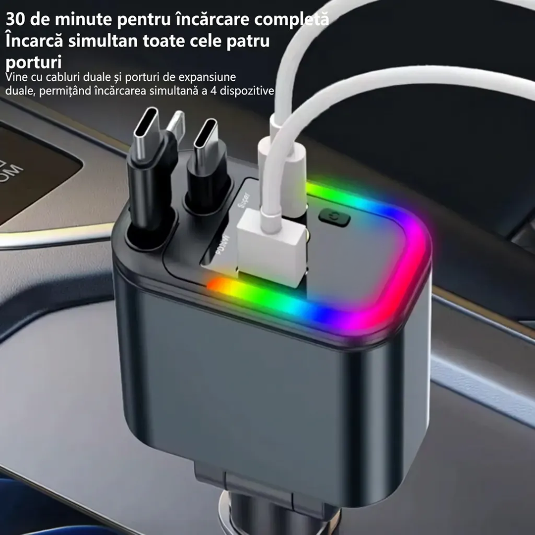 Incarcator Auto 4 in 1 120W | USB-C Fast Charging | Cablu Lightning + USB-C + Micro USB | LED Ambient | Rotire 180°