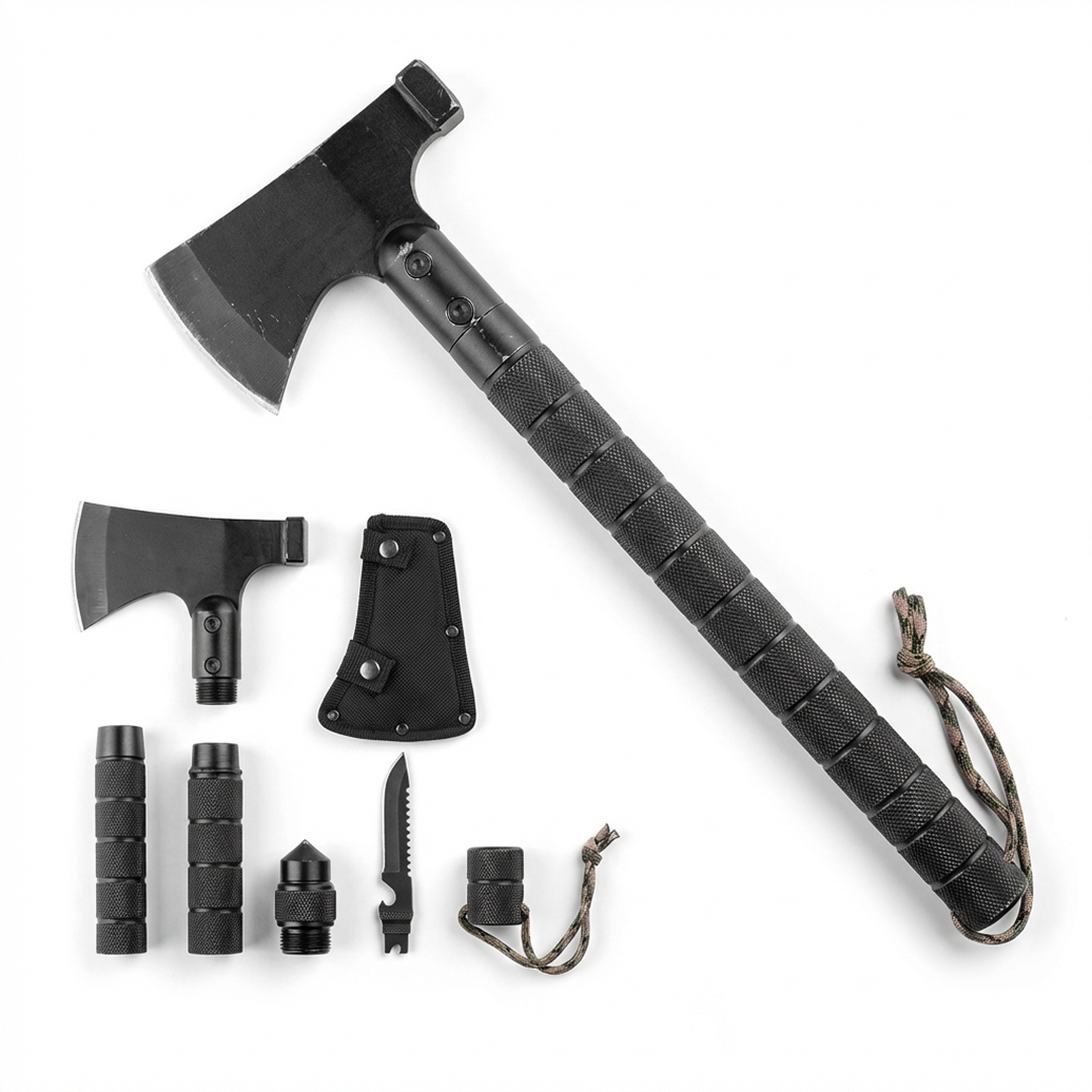 Topor Multifunctional 8 In 1 | Metalic | Maner Demontabil | Camping & Supravietuire | Negru