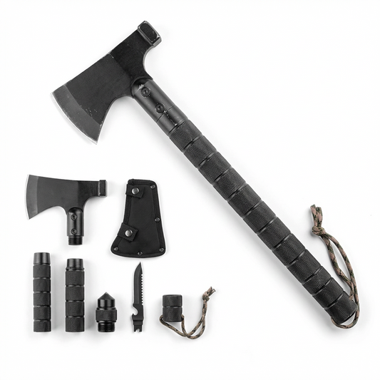 Topor Multifunctional 8 In 1 | Metalic | Maner Demontabil | Camping & Supravietuire | Negru