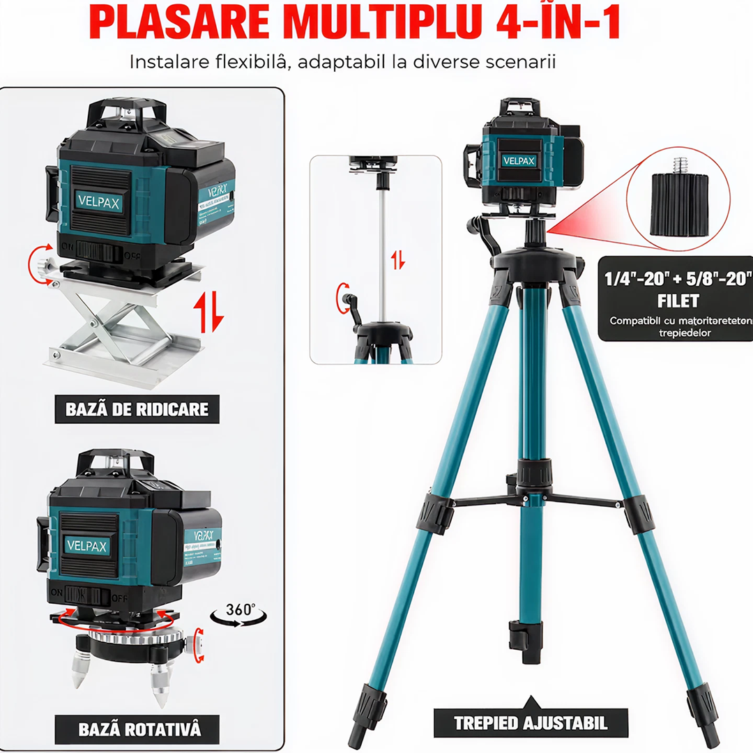 Nivela Laser Profesionala 4D 16 Linii Verde 360° | Autonivelare | 2 Acumulatori | Trepied + Telecomanda | Set Complet Constructii
