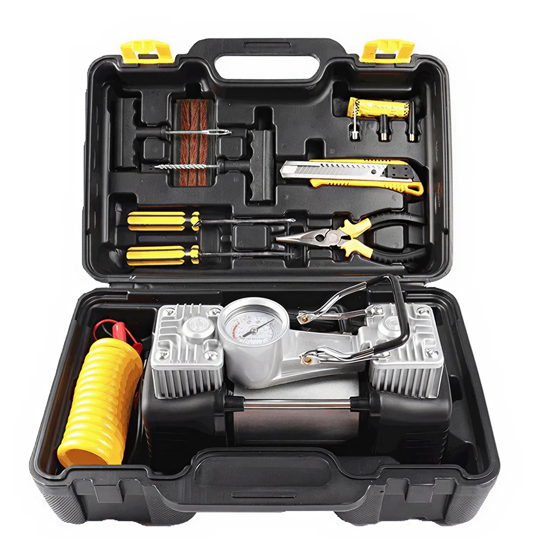 Compresor Auto 12V Cu 2 Cilindri | Debit 70L/Min | Presiune 150 PSI | Kit Reparatie Pana | Valiza Transport