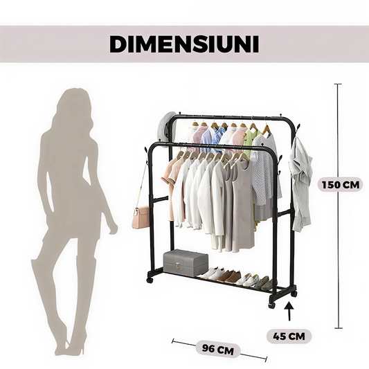 Suport Haine Metalic Mobil cu 2 Bare si Raft | 150 x 96 x 45 cm | Cu Roti | Negru | Rezistenta 35 kg